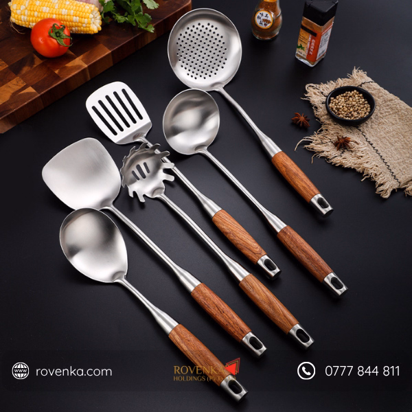 Stainless Steel Kitchen Utensil Set Wooden Handle - Image 4